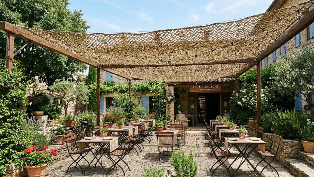 Filet de camouflage sur une terrasse de restaurant